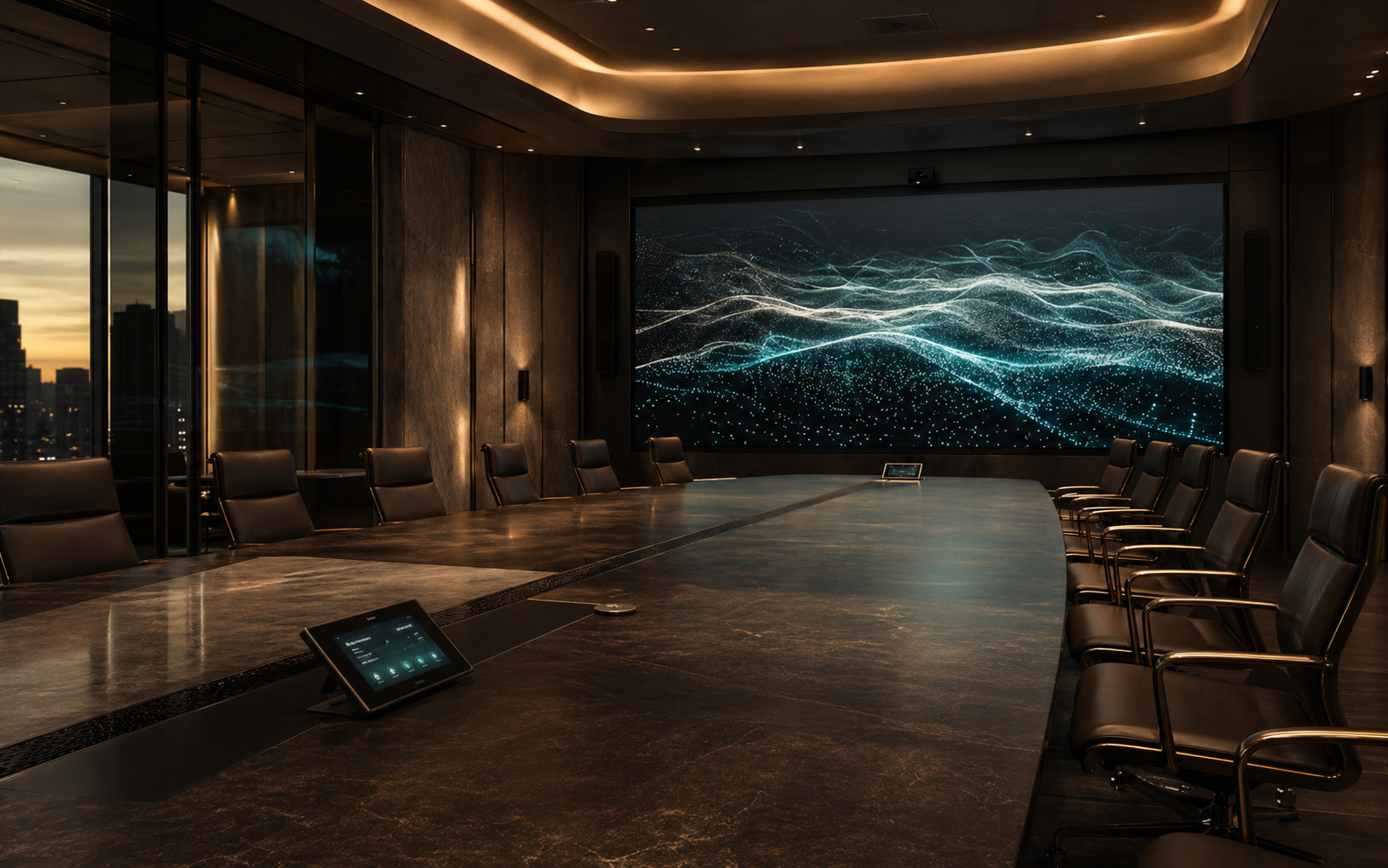 Executive boardroom with a custom table and LED wall