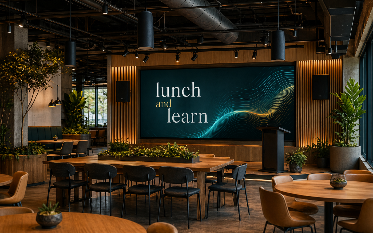 Corporate lunch and learn space with pendant speakers and plants