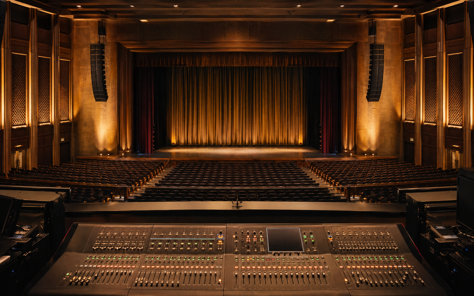 Theatre control booth with mixing console looking toward a stage